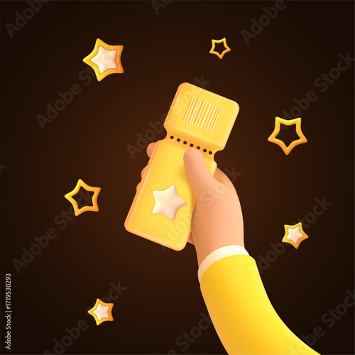 3d hand ticket. Arm hold cinema voucher, yellow coupon with stars game win bonus certificate lottery tickets pass flyer discount benefit prize barcode render vector illustration
