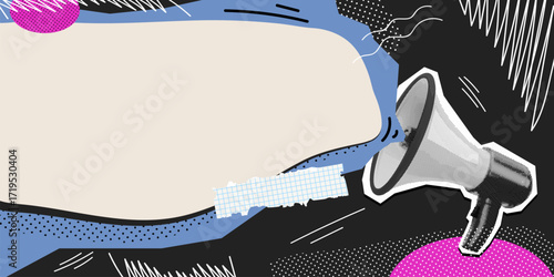 Black friday announce collage. Megaphone pop art halftone banner, christmas sale cyber monday discount offer poster empty text place loud speaker shout retro vector illustration