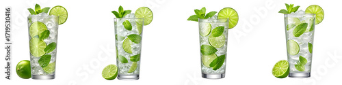 Four mojito cocktails isolated on a transparent background