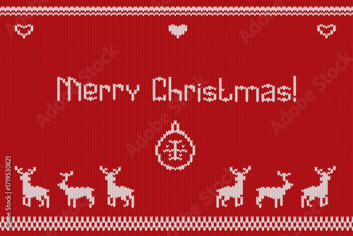 Christmas knitted banner. Realistic knit ugly sweater texture background, merry xmas text border winter holiday party funny pattern with deer jumper nordic red vector illustration