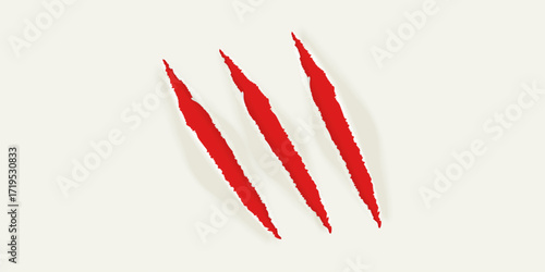 Claw torn paper. Claws scratch mark on red blood texture, wild cat paws slash tiger lion bear animal paw shred monster beast sharp talon realistic background vector illustration