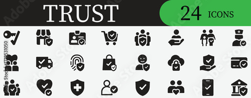 Trust, business, brand reputation, quality and authentic icon set with handshake, loyalty, integrity, assurance, responsibility, success and commitment