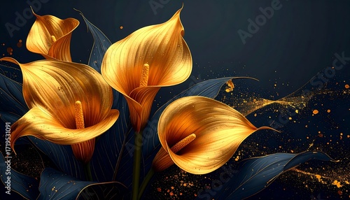 Golden Calla Lilies on Dark Background