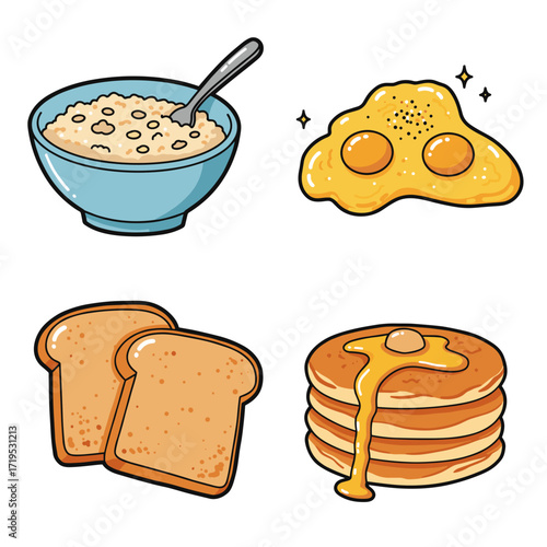 Collection of Cold-Weather Breakfast themed icons, including Bowl of Oatmeal, Scrambled Eggs, Toast, Pancakes