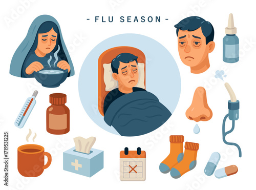 Flu Symptoms and Medicines for Health Set