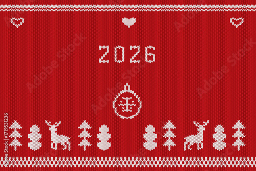 New year knitted banner. Happy 2026 red background, knit numbers fashion ugly sweater texture embroidery cloth christmas pattern vintage jumper realistic print vector illustration