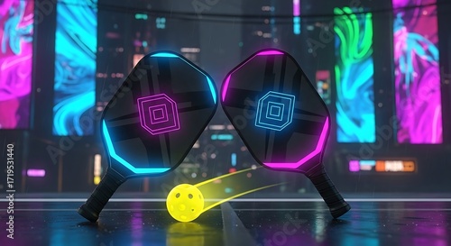 Neon Pickleball Paddles and Ball in Futuristic Cityscape