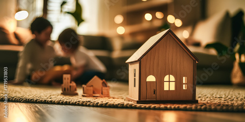 A wooden toy house is prominently displayed in the foreground, while two children engage in play in a cozy living room, surrounded by soft lighting and a warm ambiance