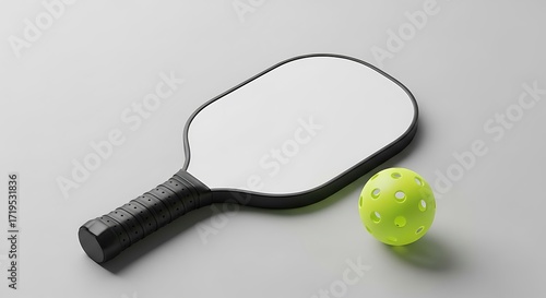 Pickleball Paddle and Green Ball on Gray Surface sport