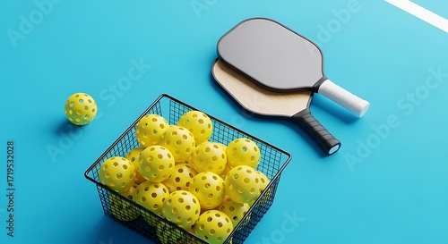 Pickleball paddles and balls in a basket on blue court