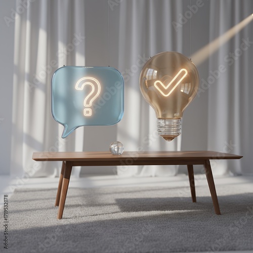 Decision Making Concept Question Mark and Check Mark in Glass Light Bulbs Above Wooden Table