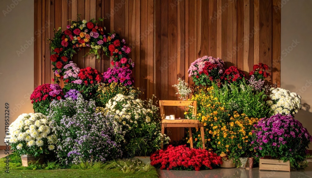 Fototapeta premium Abundant Colorful Flowers with Wooden Chair and Panel Backdrop