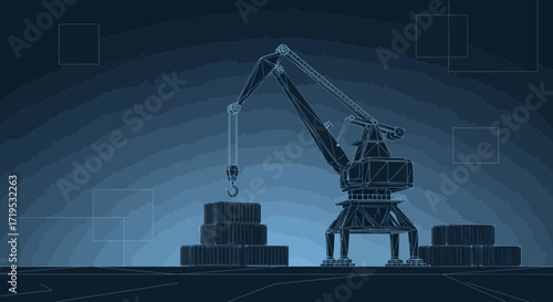 Abstract blueprint of a gantry crane lifting containers in a stylized port environment