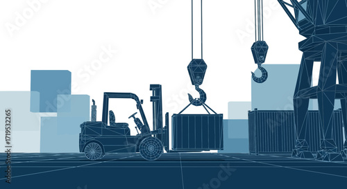 Abstract blueprint of industrial port scene with forklift and crane, conveys industry