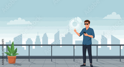 Analyzing business data on a rooftop with a city view achieving financial goals using technology