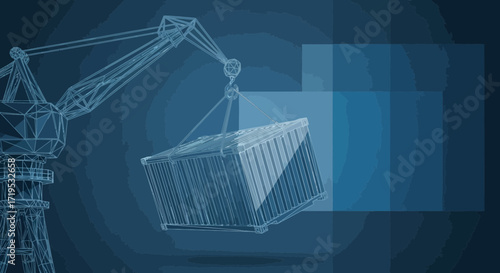 Blue toned digital artwork of a crane lifting a cargo container representing global trade