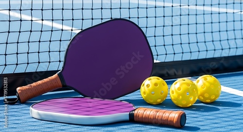 Vibrant Purple Pickleball Paddles and Yellow Balls on Court