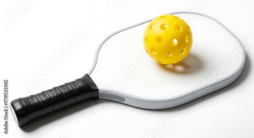 Yellow Pickleball and White Paddle on White Background