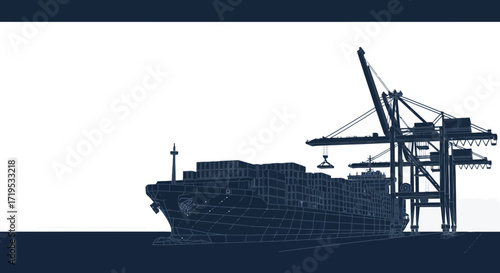 Blueprint of a Cargo Ship and Cranes: An Illustration of Global Trade and Logistics