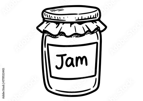 Glass jar of jam with lid in hand-drawn style  