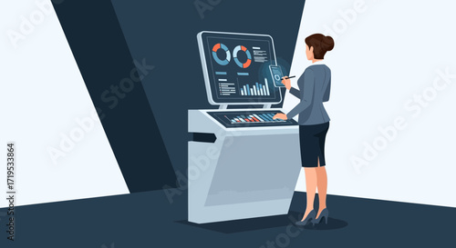 Businesswoman analyzing data and charts on a digital kiosk in a modern office space is the new world