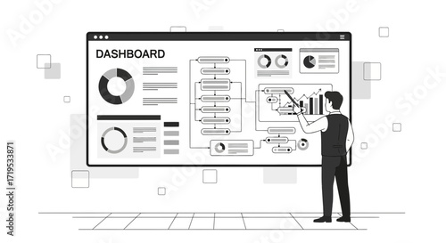 Businessman presenting data dashboard with charts and graphs on a large screen display