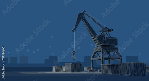 Conceptual low poly port crane scene rendering with stylized containers background and night sky