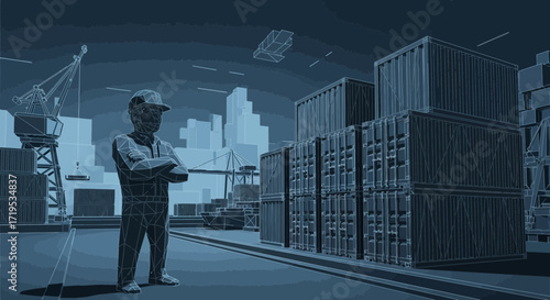 Conceptual low-poly illustration of a dockworker overseeing cargo containers at a shipping port