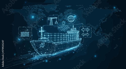 Digital global shipping network illustration showcasing international trade connections and