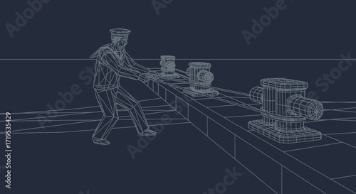 Digital Wireframe Artwork of a Sailor Tying a Vessel to a Pier Mooring Bollard