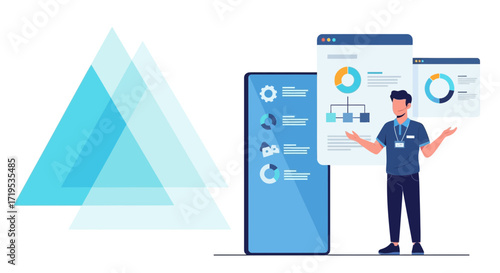 Expert presenting business analytics on a mobile device with digital charts display information