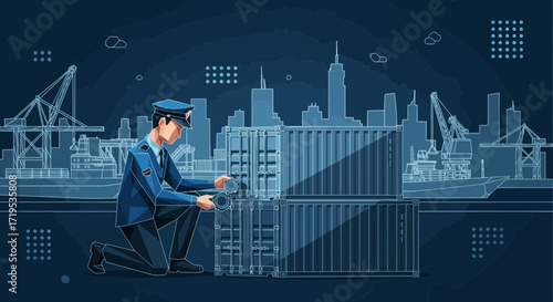 Illustration depicting a customs officer inspecting containers at a seaport terminal with a city