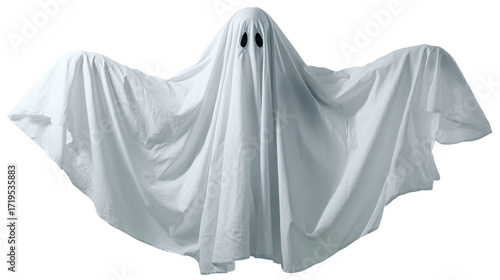 White sheet ghost costume with spooky eyes isolated on transparent background 