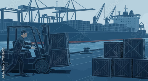 Illustration of a forklift operator at a busy shipping port with cargo boxes and a large container