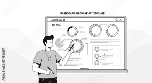 Illustration of a presenter explaining a dashboard infographic for business intelligence and big