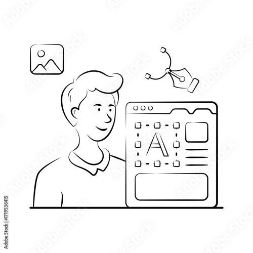 Creative developer designing website layout with modern UI tools, modern illustration