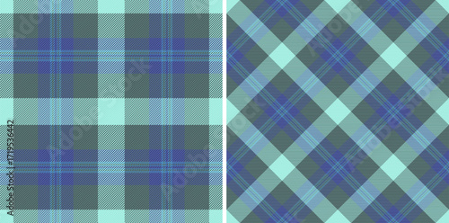 Detailed plaid patterns feature a teal, gray, and blue palette. Represents textile design, traditional aesthetics, and can be used for backgrounds and clothing designs.