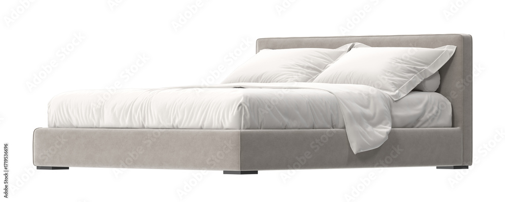Obraz premium A contemporary bed features a neutral upholstered frame and is adorned with crisp white linens and pillows, creating a serene bedroom scene.