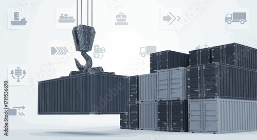 Logistics concept featuring container loading with crane and global transportation network