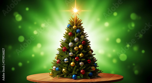 Festive decorated Christmas tree glowing with bright star on top, ready for holiday celebration