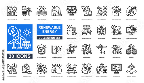 Collection of Reneawble Energy icons, related to Predictive Analytic,Smart Grid,Edge Computing,Smart Factory,Digital Twin and more. Line icons vector illustration.