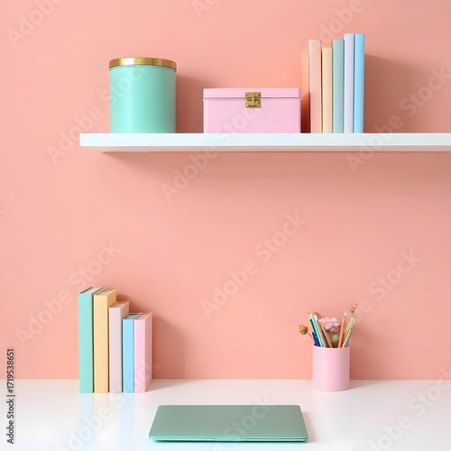 Pastel aesthetic workspace with laptop and stationery on a white desk and shelf