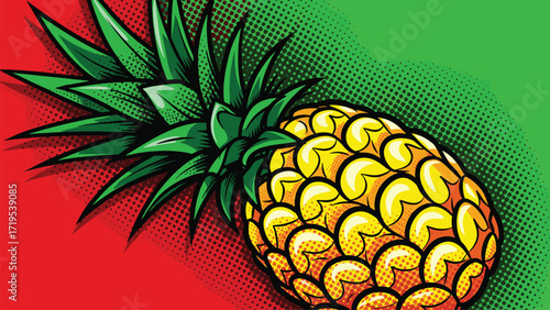A vibrant, stylized illustration of a ripe pineapple with a textured rind and spiky green leaves, set against a bold red and green background with a halftone dot pattern.