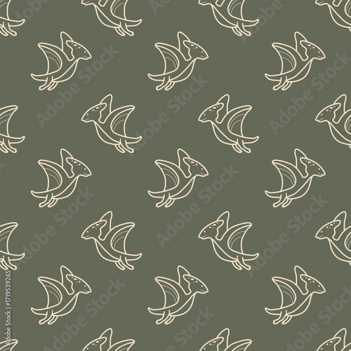 Seamless Pterodactyl Dinosaur Pattern on Green Background