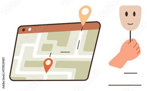 Digital map screen with location markers beside a hand holding a mask on a stick. Ideal for navigation, identity, anonymity, privacy, journey planning, geolocation, and security themes. A simple flat