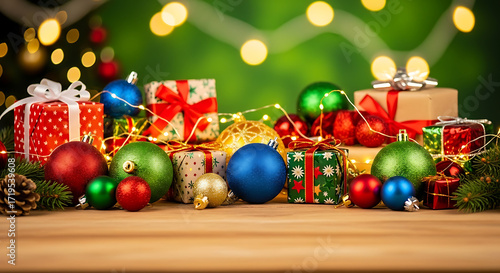 Festive holiday gifts and ornaments glow with warm bokeh lights, celebrating the joy of giving.