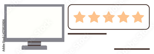 Five-star rating bar next to a computer screen representing user feedback. Ideal for usability, rating, customer satisfaction, online evaluation, service quality, testimonials, and review concept in