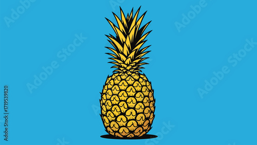 A vibrant, stylized illustration of a ripe pineapple with a textured, segmented body, set against a solid, bright blue background.