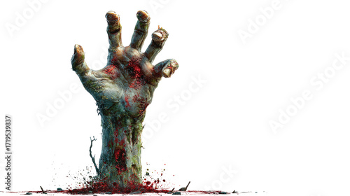 Zombie hand reaching upward with sharp nails, horror illustration, isolated on transparent background 