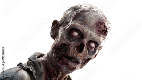 Zombie horror character with rotten face, scary undead design, isolated on transparent background 